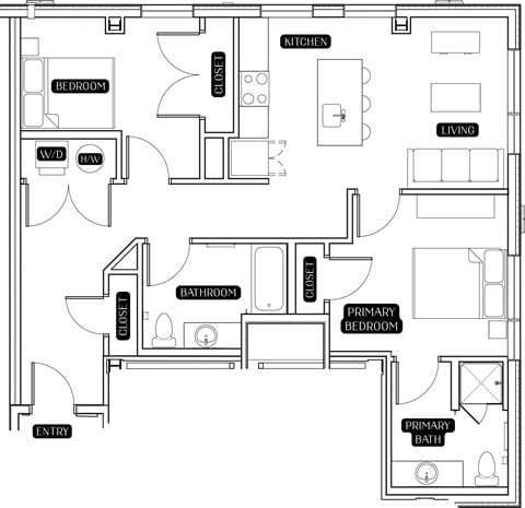 Floor plan for 2 beds, 2 baths, 1005 sqft